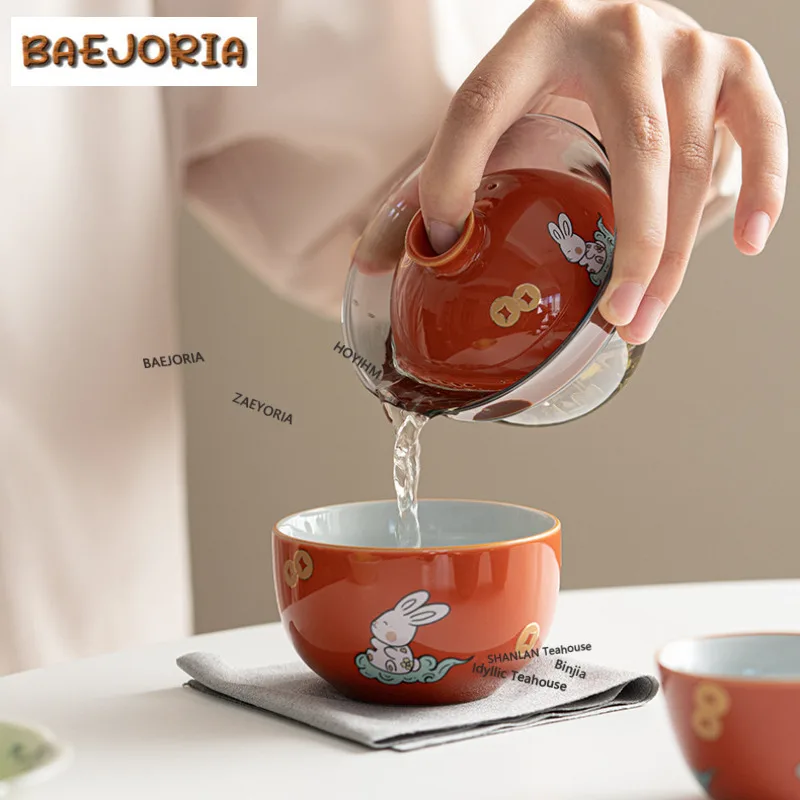 Hand Drawn Rabbit Travel Tea Set Kit Handmade 1 Pot 2 Cups Tea Making Organizer Portable Camping Tote Bag Drinkware Accessories