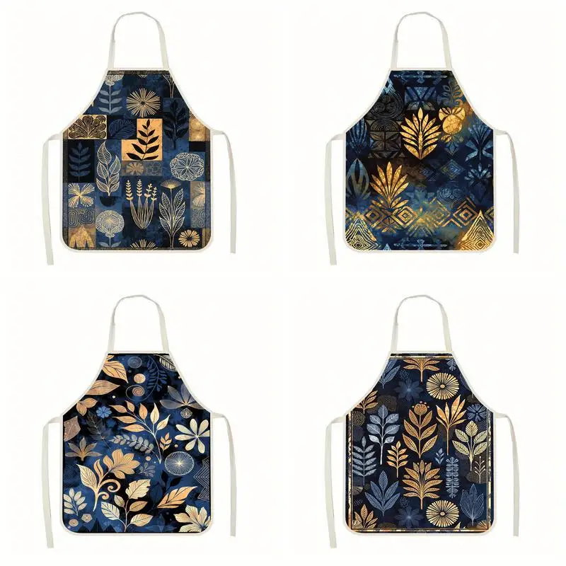 

Сине-золотой льняной фартук с цветочным узором, подходит для приготовления пищи, общения родителей и детей, рисования и других занятий.