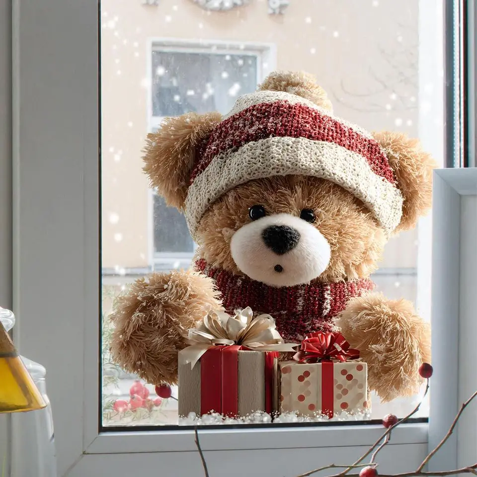 1pc Cute Plush Christmas Bear Window Sticker with Knitted Hat and Scarf Gift Box Static Cling Glass Sticker for Windows Glass