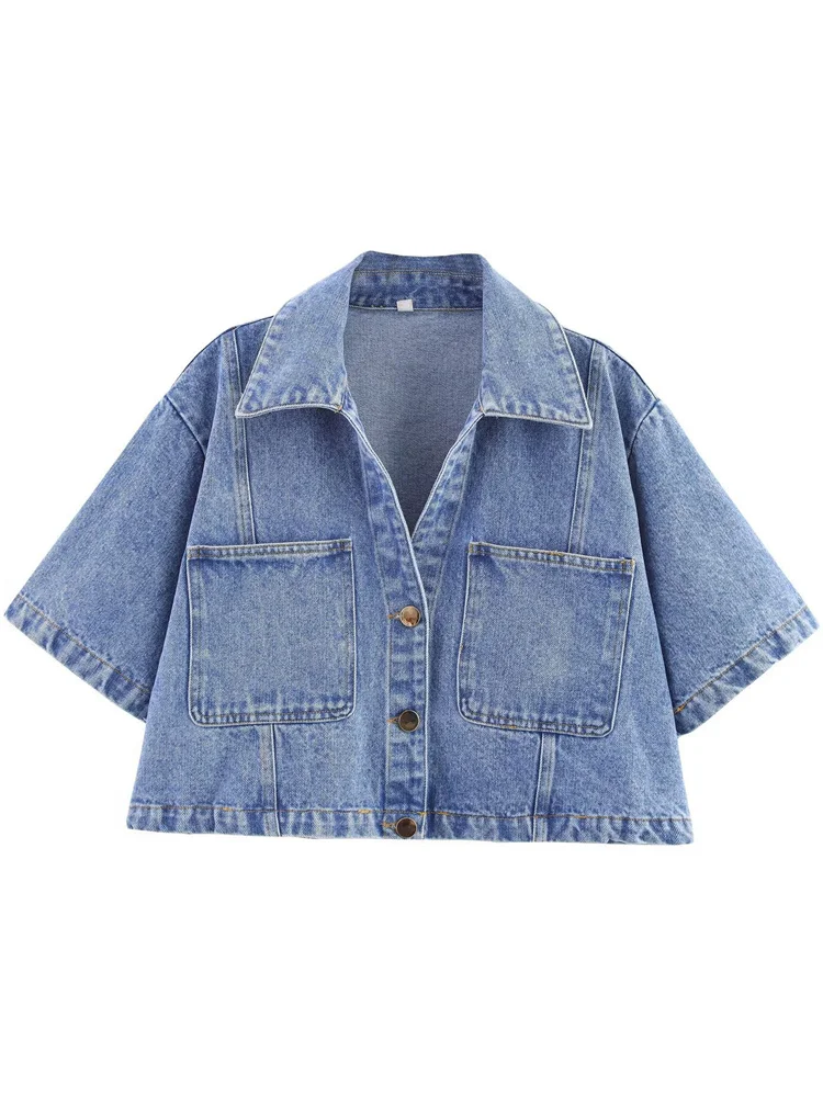 Tossy Fashion Lapel Denim Shirts Tank Top For Women Pocket Patchwork Short Sleeve Jean Streetwear Female Cropped Y2k Top Shirt - Image 6