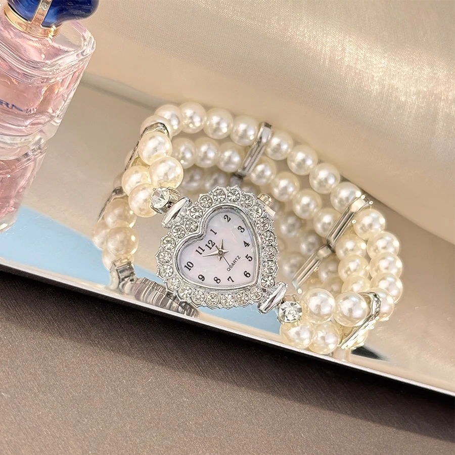 مرونة صف مزدوج اللؤلؤ الماس مرصع سوار على غرار السيدات ووتش عدد القلب الماس كوارتز ساعة تتجه شريط مرن