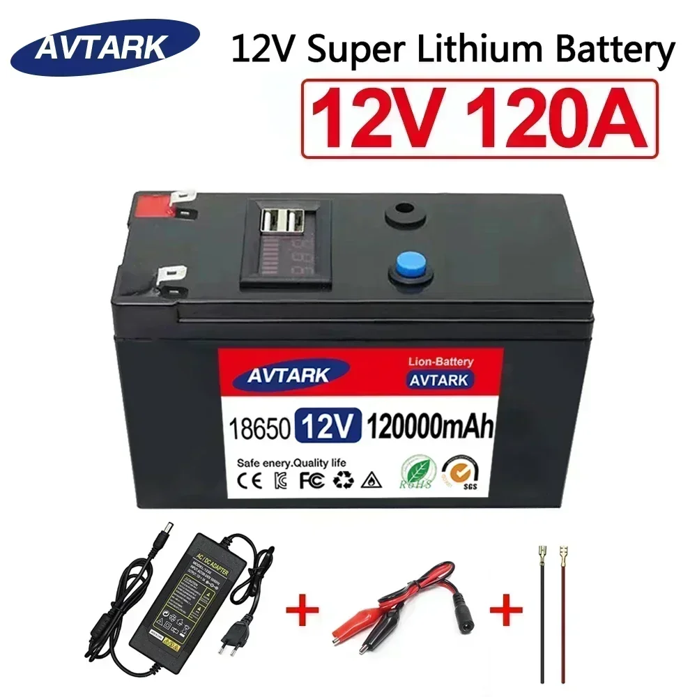 Bateria de lítio 12v 120ah 18650, bateria recarregável para energia solar, bateria de veículo elétrico + carregador 12.6v3a