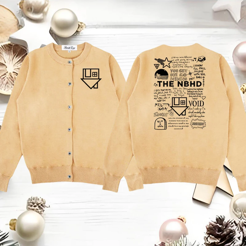 

The Neighborhood NBHD Band Printing Women Cardigan Cotton O-Neck Fit Single Breasted Autumn Lady Elastic Home Office Sweater