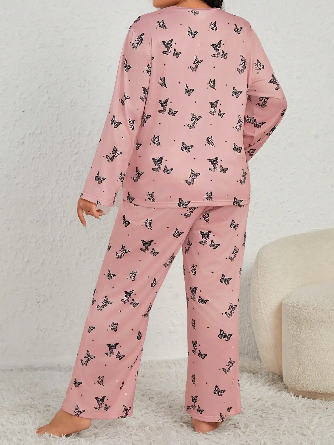 Spring and Autumn Women\'s Large Size Pajamas Casual Butterfly Print Pink Top&Pants 2PK