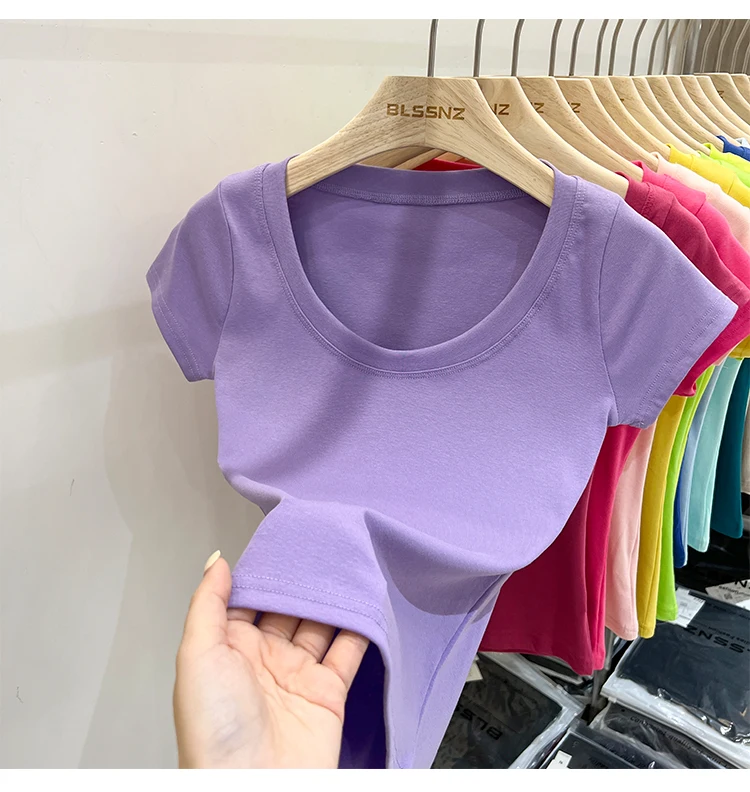2026 Sexy Quadratischer Ausschnitt Slim T-Shirt Damen Baumwolle Elastisch Basic Einfarbig Lässige Oberteile Kurzarm Dünne T-Shirts Transparent – Detail 20