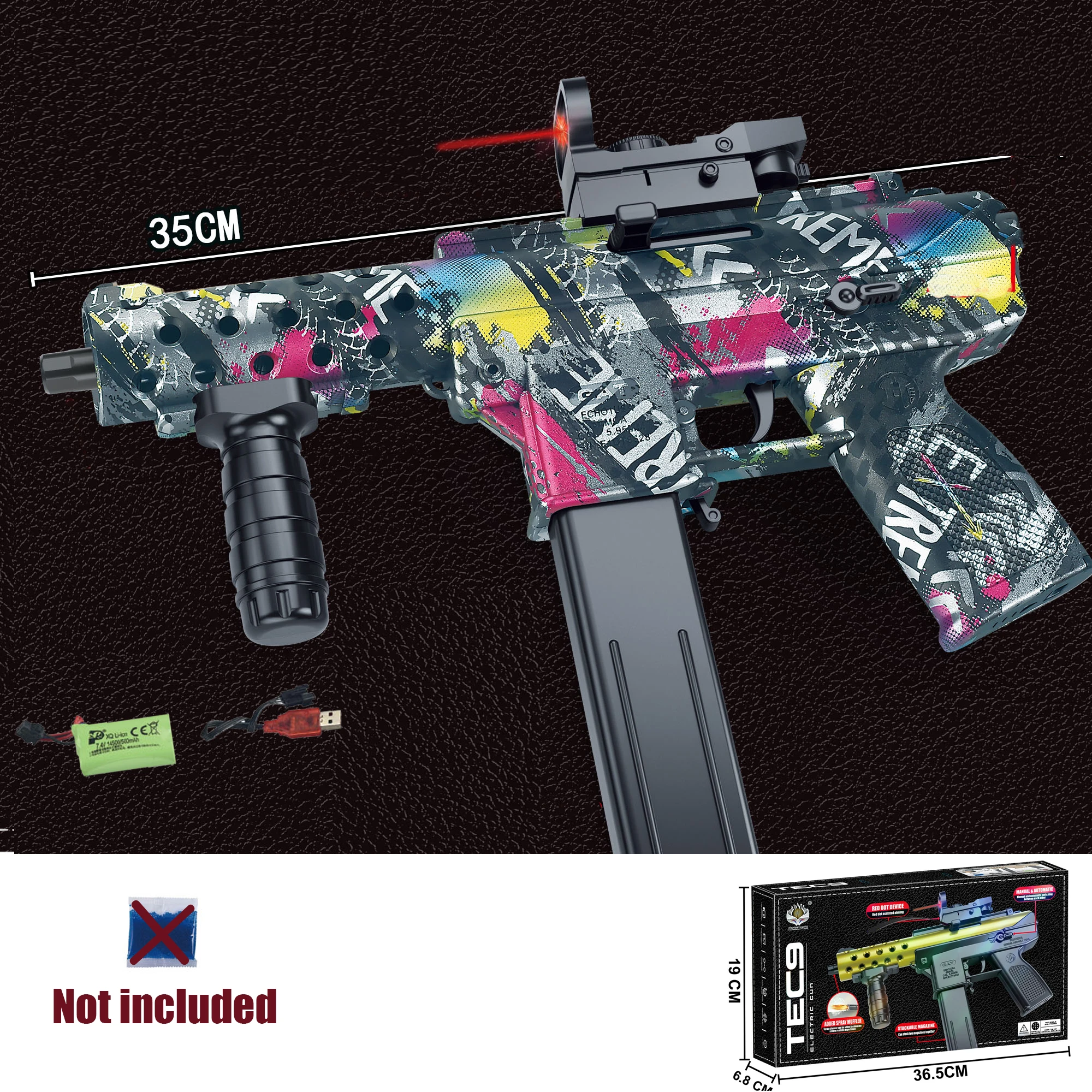 2025 New Electric Automatic Toy Gun Tec9 Can Fire Gel Bullets 7-8mm, Comes with 7.4V Battery and USB Charging Cable, Available in Multiple Colors