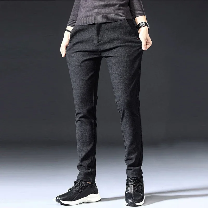 

Высококачественные осенне-зимние мужские утепленные износостойкие брюки в корейском стиле, модные, приталенные, прямого кроя