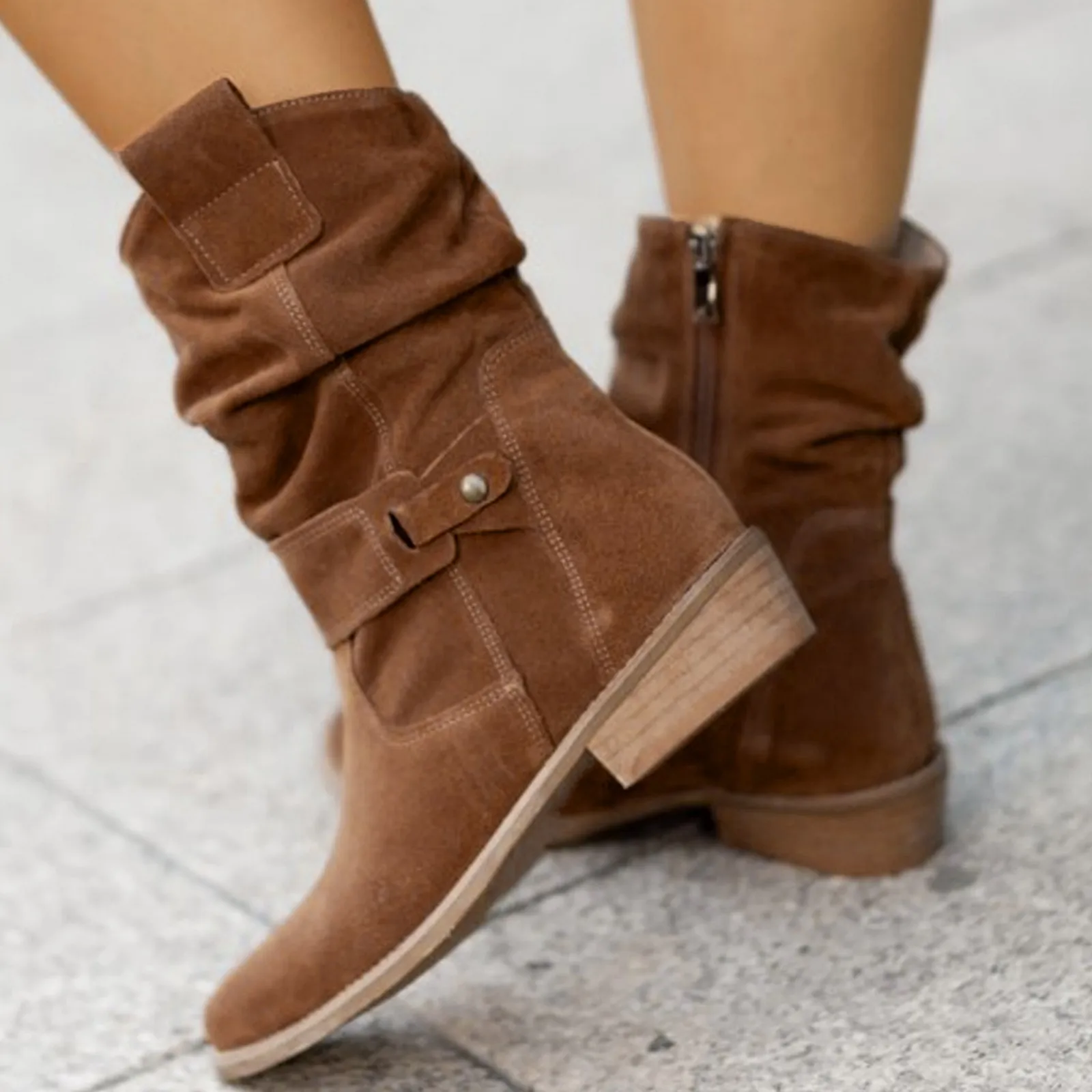 2024 Winter Warm Suede Women Ankle Boots Vintage Zipper Shoes Buckle Lady Mid-Calf Boot Outdoor Thick Low Heel Women Shoes