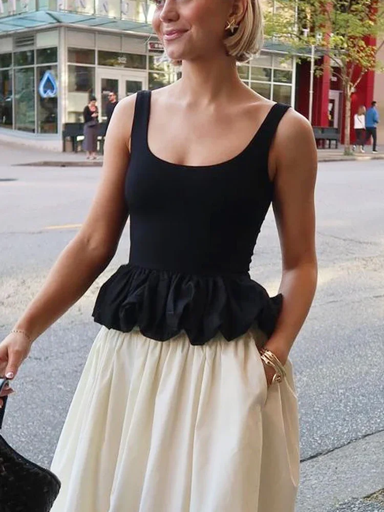 Black Ruffled Patchwork Tank Top Pullover Female Backless Solid Fashion Elegant Sleeveless Slim Vest Y2k Top Women Summer