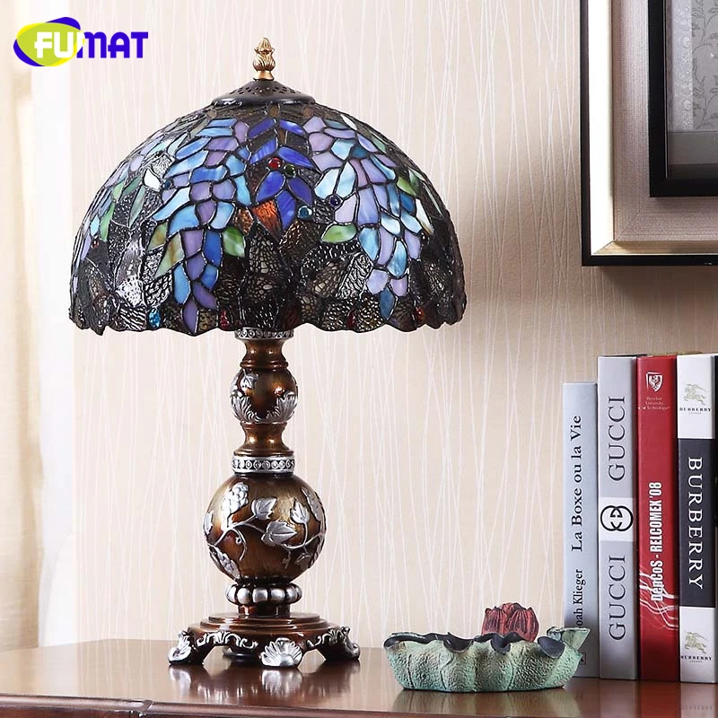 FUMAT European Creative Table Lamps Light Stained Glass Wisteria Glass Shade Table Lights For Living Room Bedside Art Table Lamp