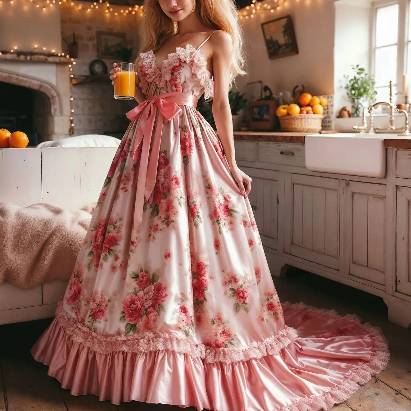 Abito da ballo stampato floreale rosa con spalline in raso a trapezio con volant lungo abito da sera vintage costume cosplay personalizzato