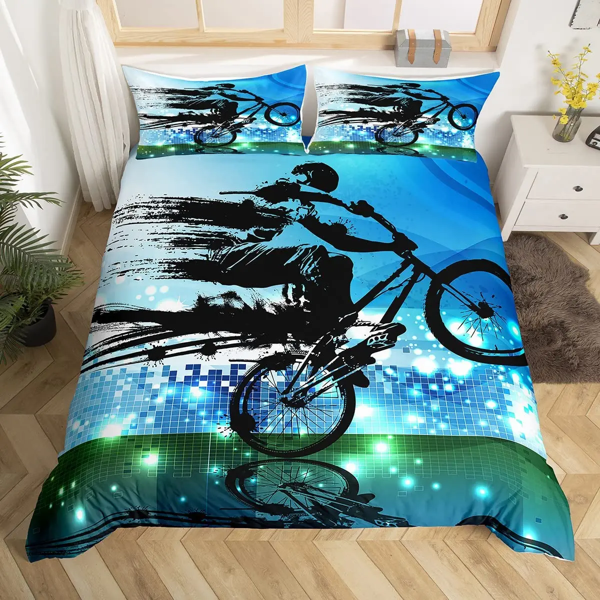 Bicycle Duvet Cover Set Motocross Racer Bedding Set King Size Mountain Bike Comforter Cover Extreme Speed Sports Bedspread Cover