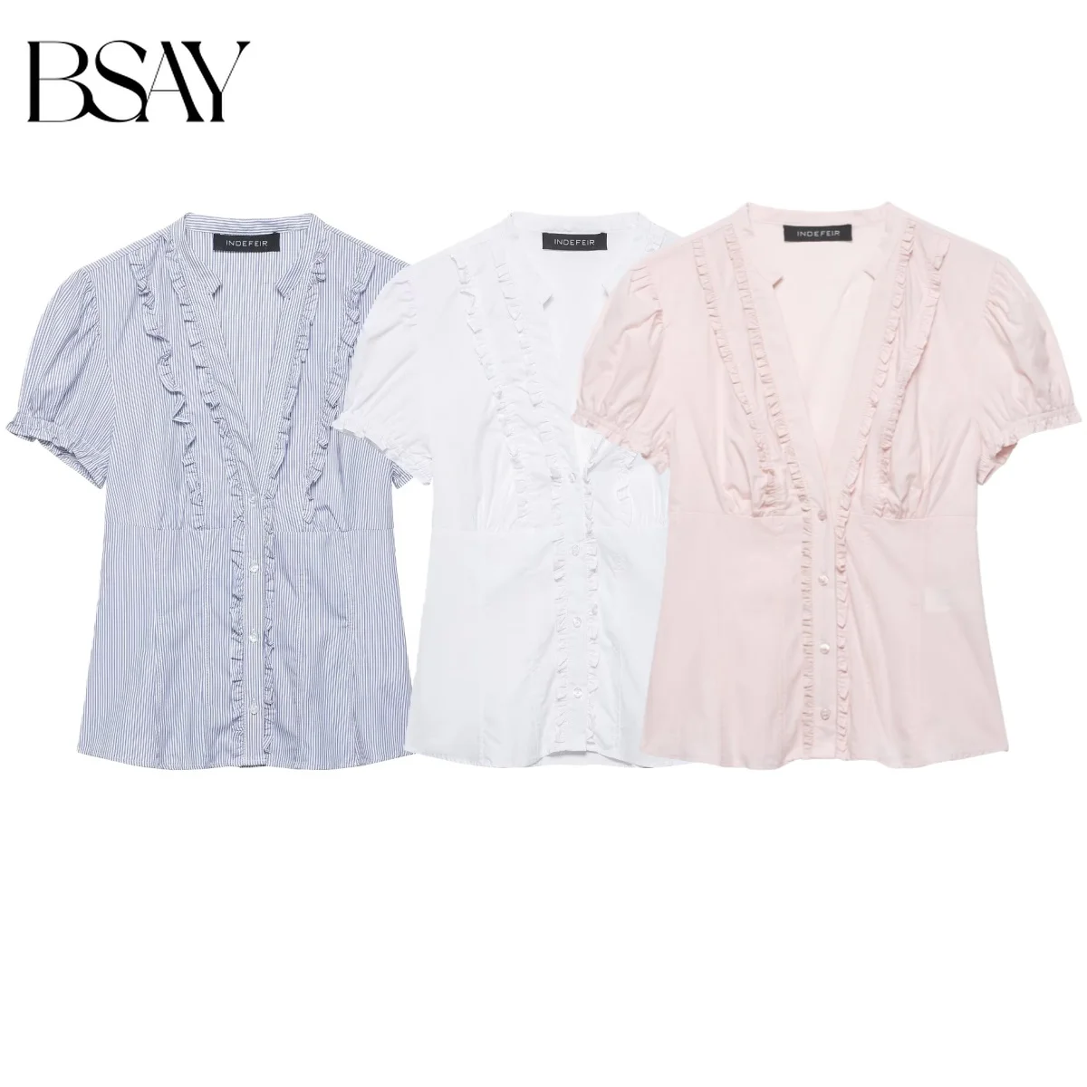 

Летняя женская блузка BSAY из поплина с коротким рукавом, ламинированным декором, однотонная, с V-образным вырезом, шикарный топ для женщин, модель 2026