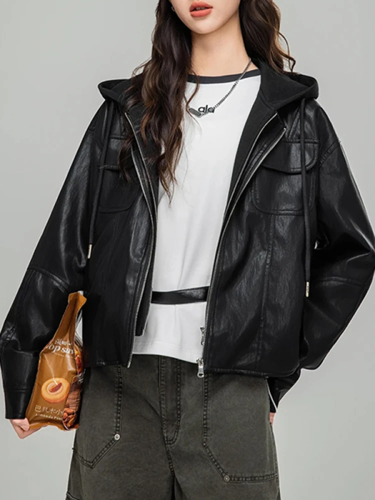 

Модная женская куртка-косуха с капюшоном, осенне-зимняя новинка, с комбинированным дизайном, теплая, на флисовой подкладке, трендовая модель