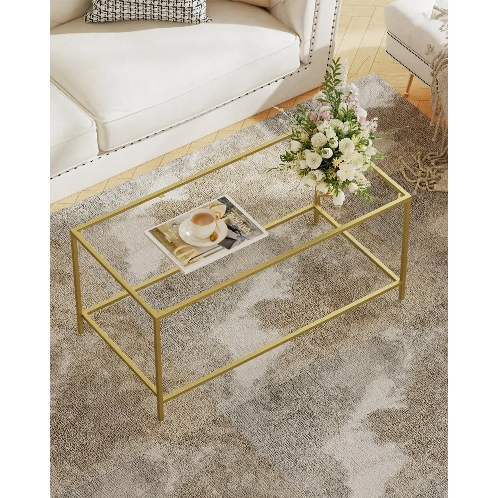 

Modern Rectangular Gold Coffee Table for Living Room, Minimalist Center Tea Table with Sturdy Metal Frame for Apartment, Office
