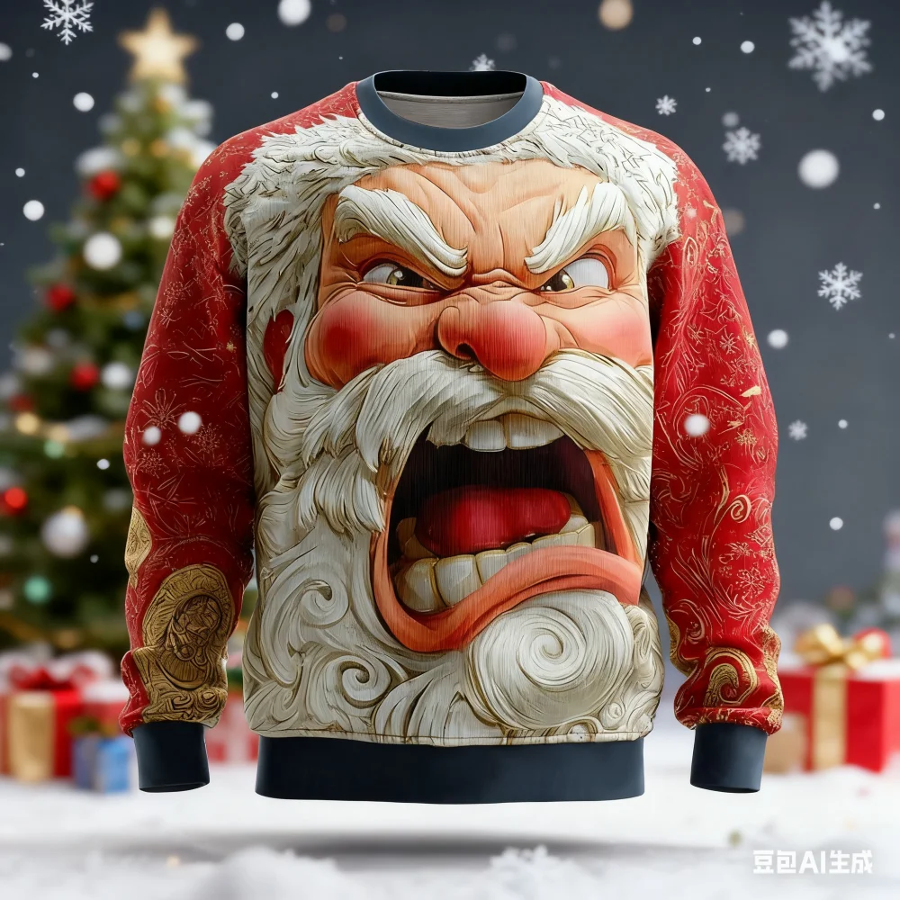 

Men's Winter Angry Santa Claus Round Neck Sweatshirt Fashion 3d Printed Christmas Long Sleeve Pullover Loose Casual Sweatshirt