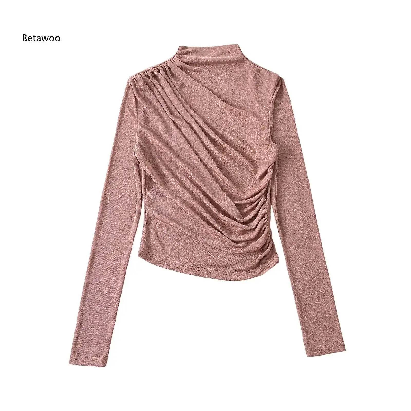 Brown High Neck Long Sleeve Top with Asymmetric Ruched Detail
