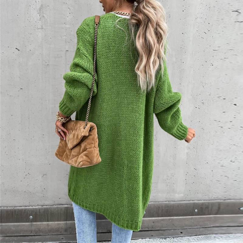 Women Casual Long Sleeve Knitted Cardigan Autumn Elegant Loose Solid Color Sweater Coats Winter Fashion Straight Midi Outerwear