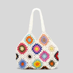 Bohemian Crochet Women Shoulder Bags Flower Plaid Lady Handbags Handmade Woven Knitted Summer Beach Bag Small Tote Bali Purses