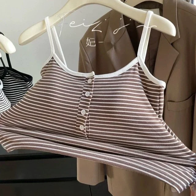 Pure Desire Weiß gestreifte kurze Passform Damen Camisole Top Button Sexy Spicy Girl Baumwolle 100 % Schlankheitsweste Herbstmode