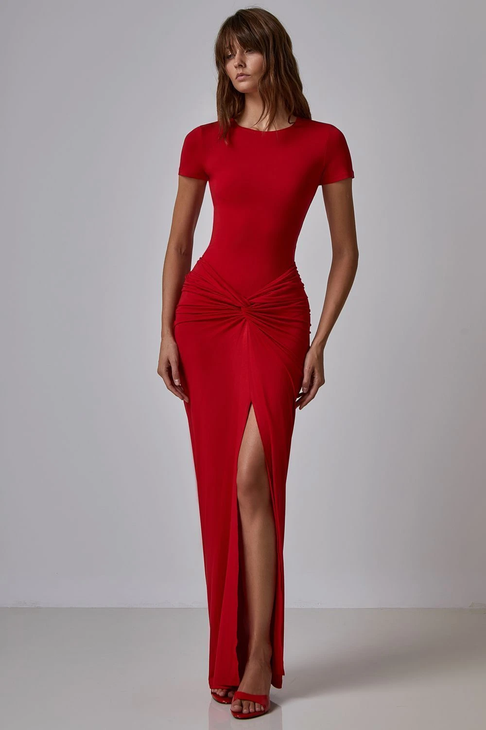 

Customized Graceful Jersey Straight Evening Dress Crew neck Side Slit Floor Length Red Short Sleeves Vestidos para mujer