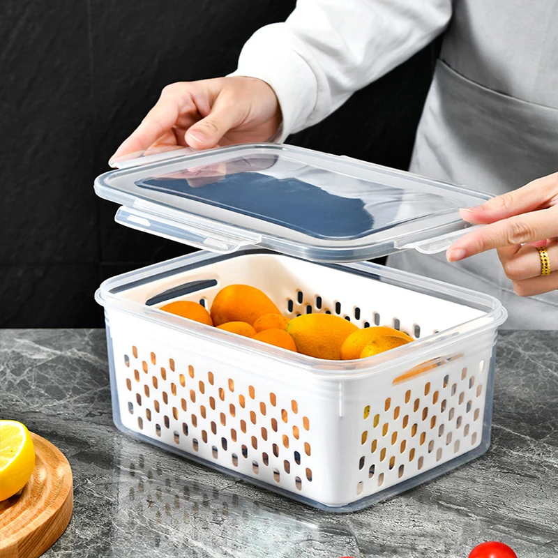 High Capacity Sealed Vegetables Fruits Crisper Double-Layer With Drain Basket With Cover Kitchen Refrigerator Storage Box