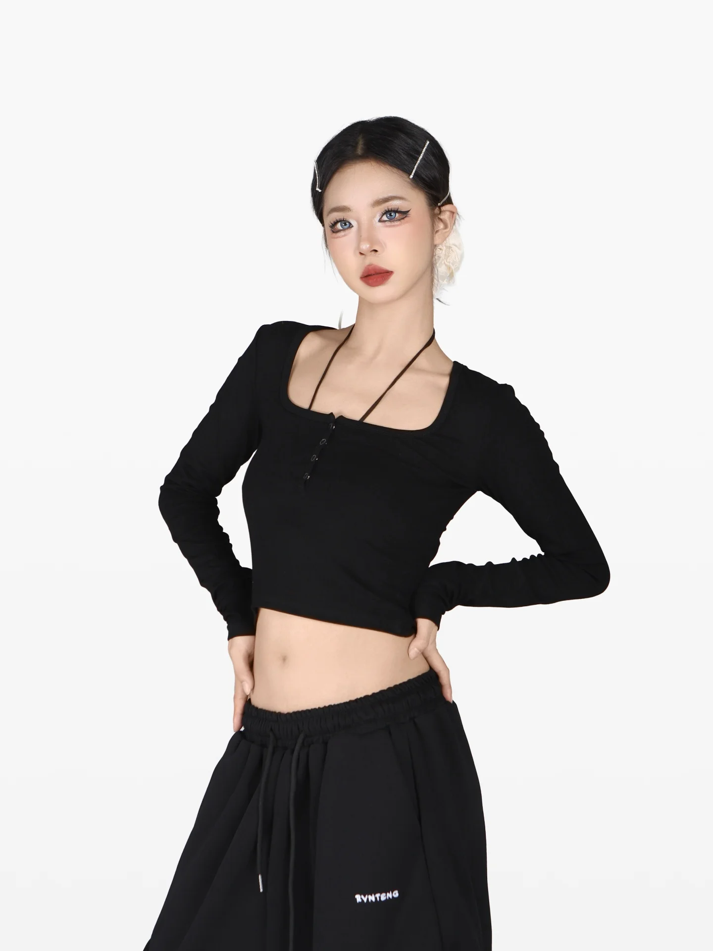 

Женская осенняя модная сексуальная футболка POOKIE с квадратным вырезом, длинным рукавом, облегающая, с высокой талией