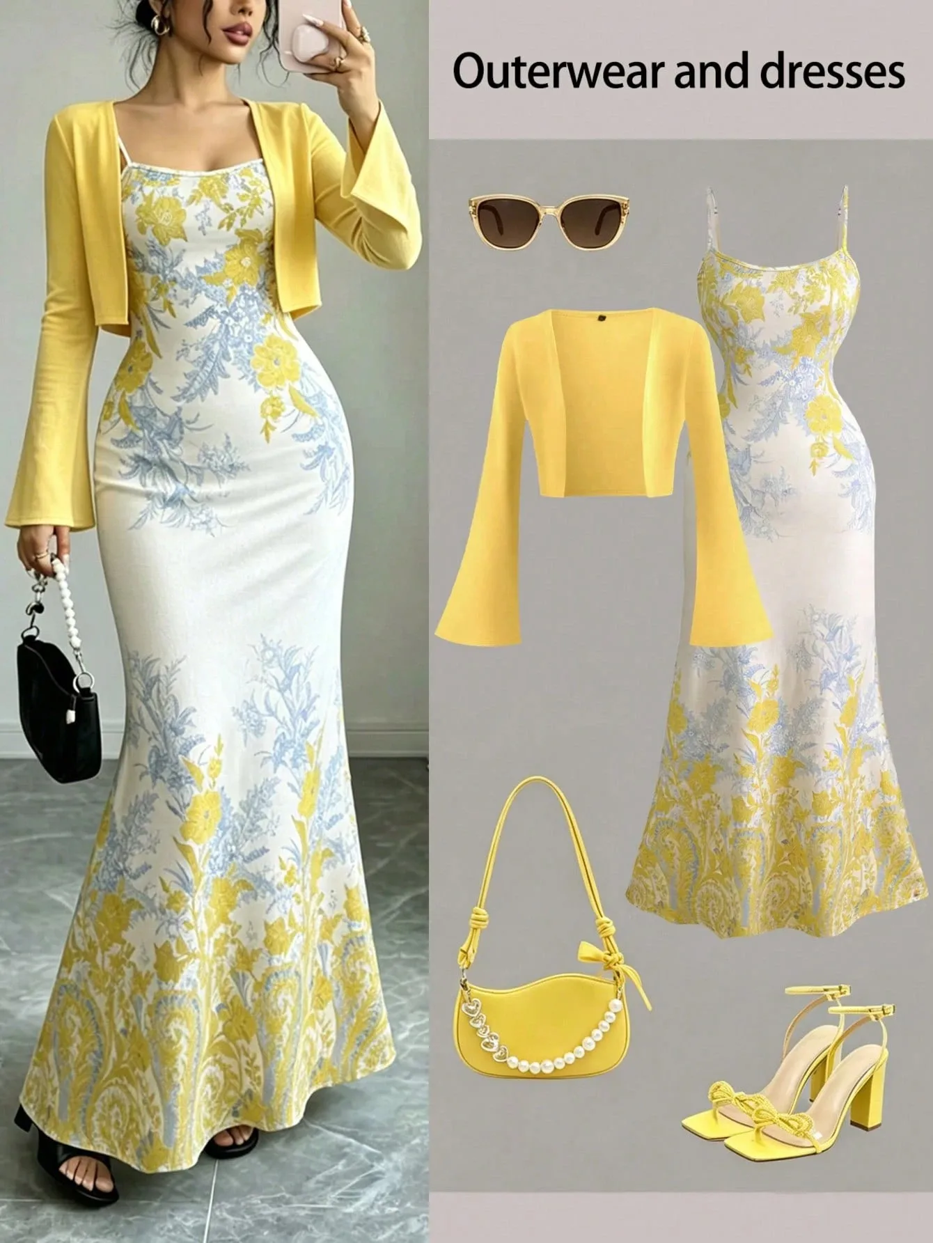 Women's 2 Piece Outfit, Flare Long Sleeve Cropped Cardigan + Spaghetti Strap Floral Print Mermaid Maxi Dress Set
