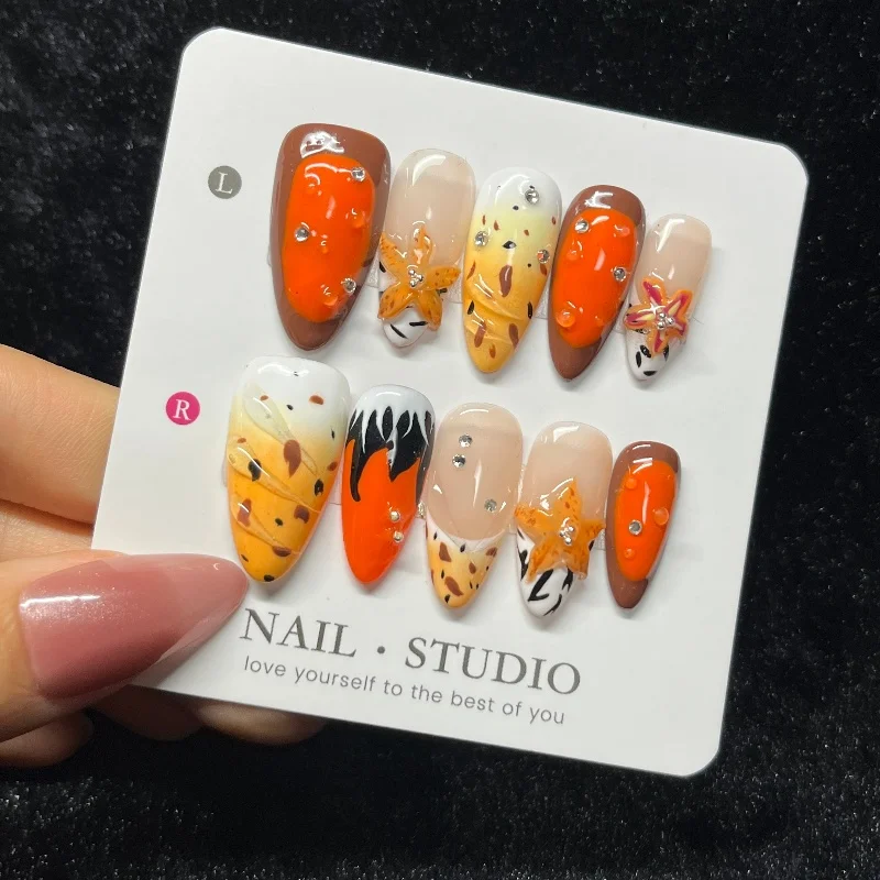 10 قطعة ثلاثية الأبعاد منحوتة زهرة تموجات اليدوية الصحافة على الأظافر البرتقال الفرنسية ليوبارد زيبرا أنماط الأظافر وهمية بيتشي اللوز الأظافر كاذبة