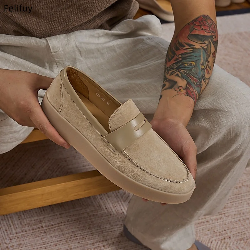 Men's European Style Cow Suede Loafers, Flat Casual Moccasins, Comfortable Walking Shoes for Outdoor and Business Occasiones