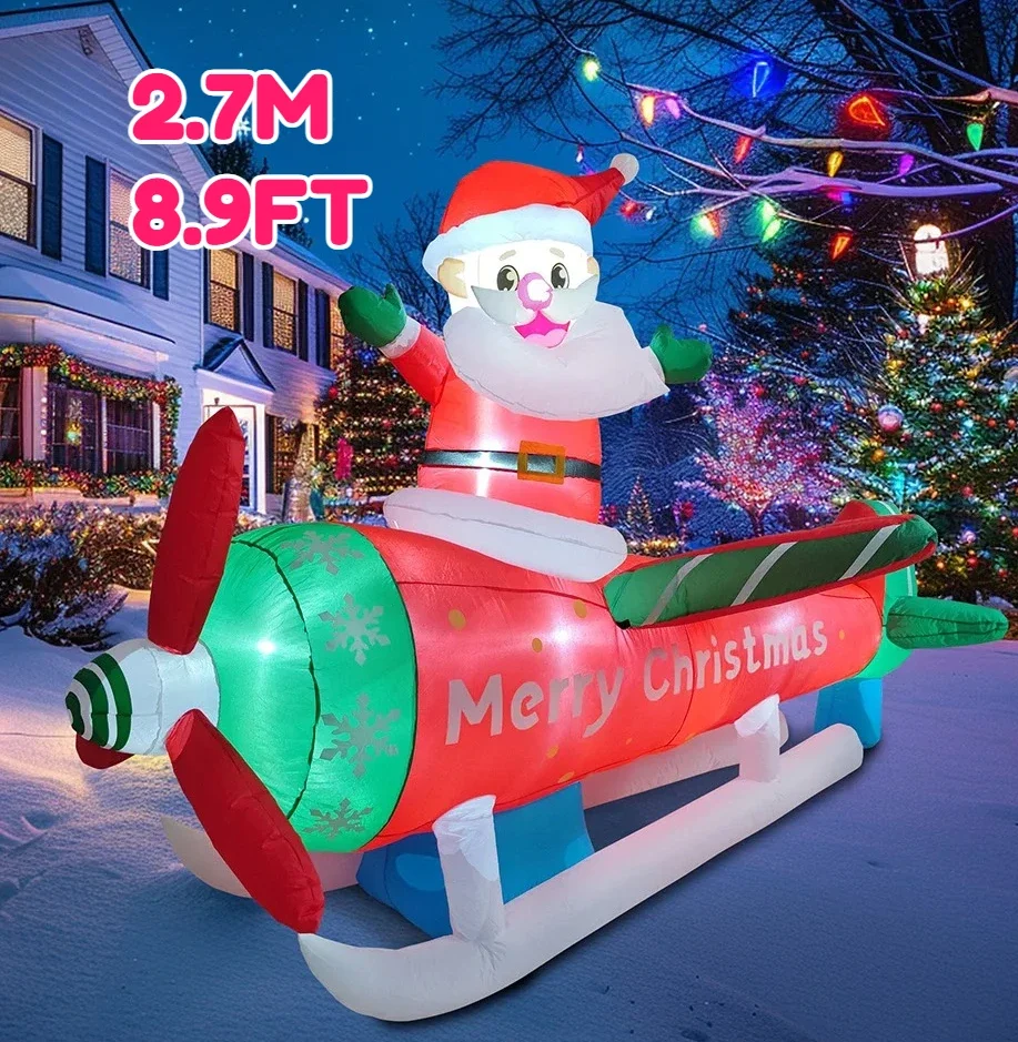 2.7M/8.9FT Christmas Decorations Inflatable Toy Santa Claus Airplane Home Yard Ornaments with LED Christmas Outdoor Party Toy