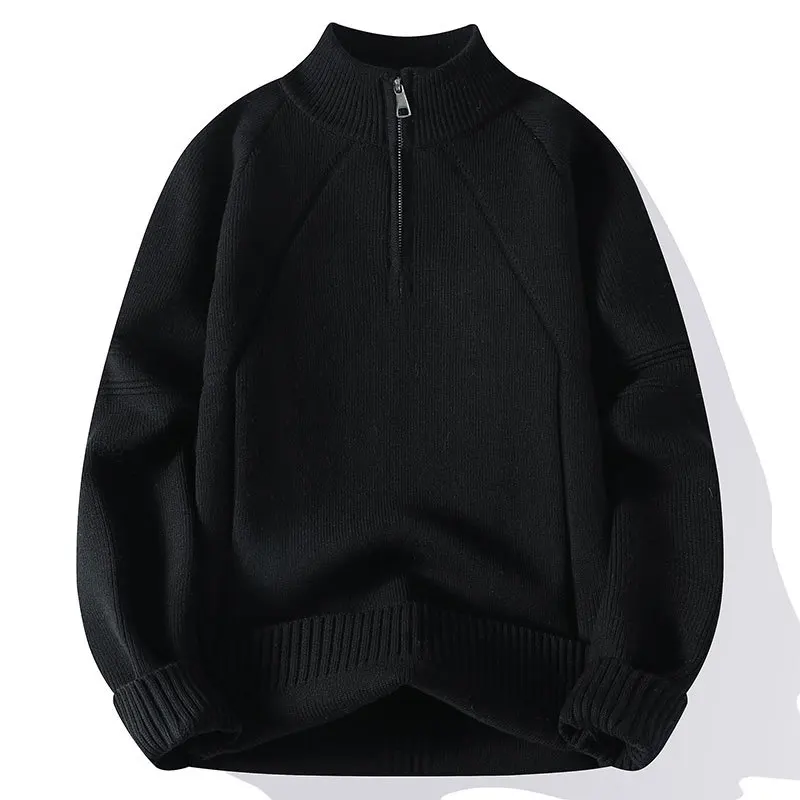 

Men's American retro semi high neck zipper warm sweater, winter warm hooded knitted pullover, casual streetwear top