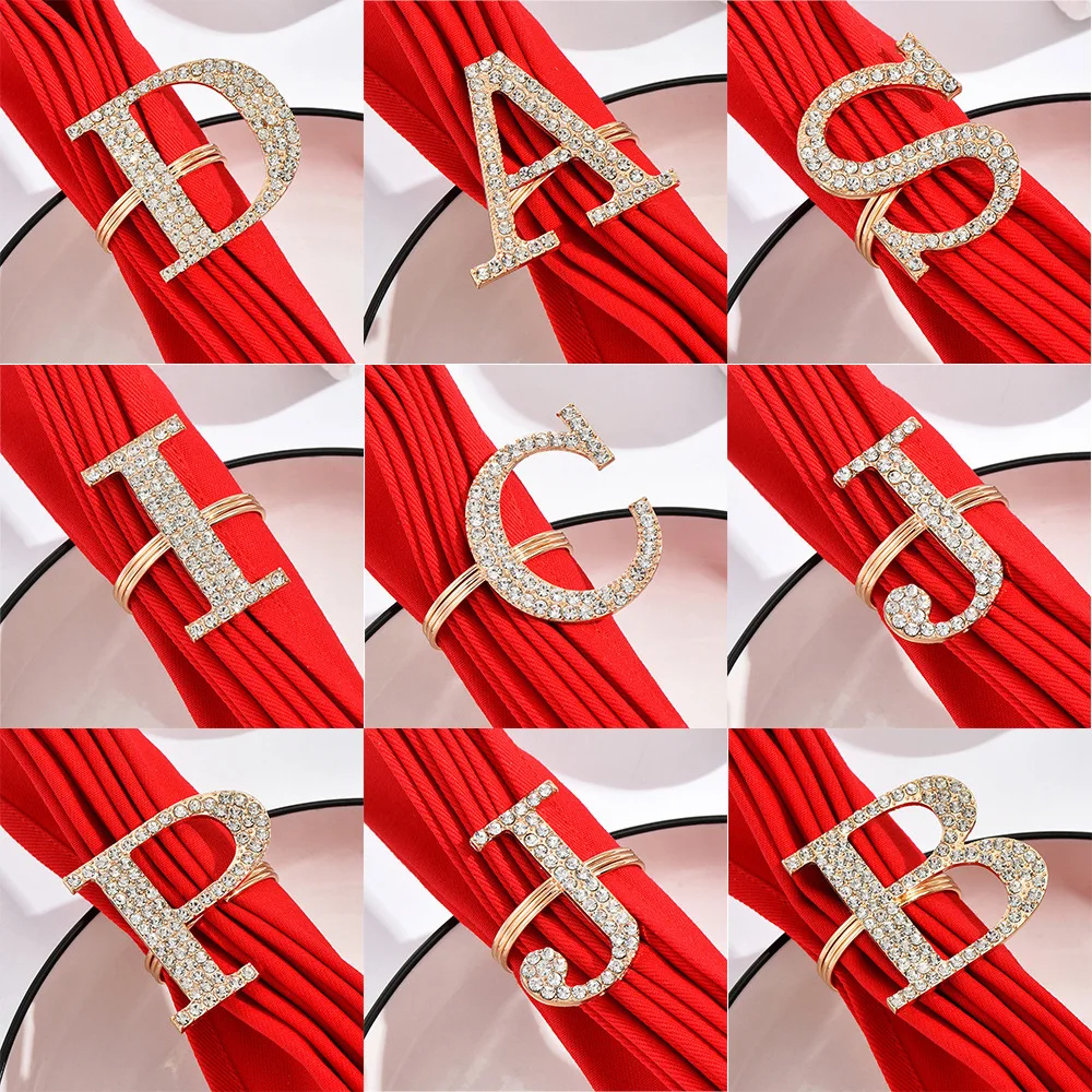 Judaica 4pcs Alloy Diamond-set Letter Napkin Ring Creative English Alphabet Napkin Clasp Napkin Ring Hotel Dining Table Set