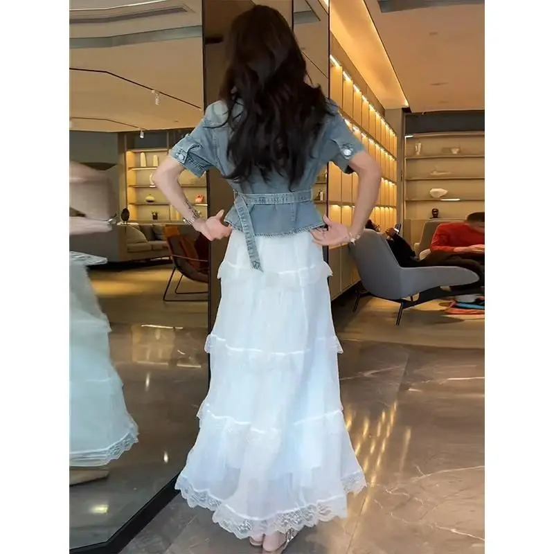 

Denim Coat Unique Spring Summer Woman Jacket Womens Autumn Down Button-Down Professional Notched Beaded High-End Sashes Jackets