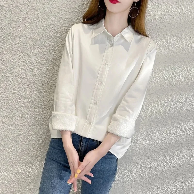 Fashion Add Velvet Warm Shirt Women's Blouse Shirt  2023 Autumn Winter New Thicken Bottoming Shirt Casual Shirt Jacket Female To