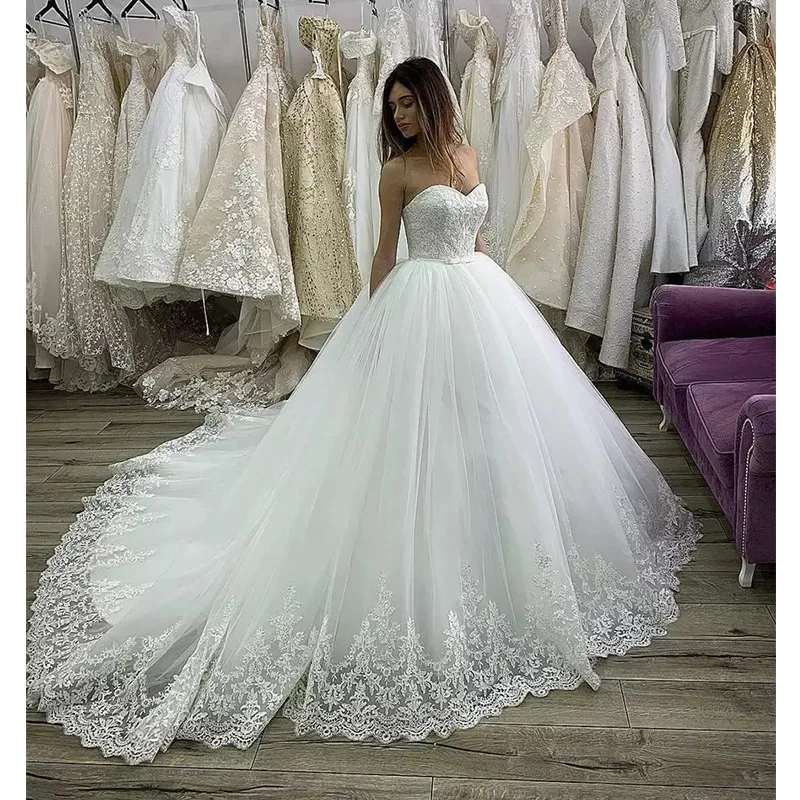 

White Ball Gown Women Wedding Dresses Appliques Tulle Court Train Bridal Gowns Formal Vestido De Noiva robe de mariée