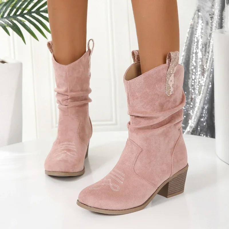 

Female Shoes on Sale 2023 High Quality Autumn Pu Leather Solid Slip-on Women's Boots Square Heel Round Toe Heeled Boots