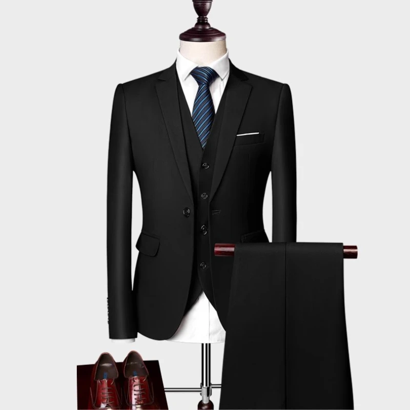 

High Quality Formal Business Mens Suit Three-piece Groom Wedding Dress Solid Color Suit 15 Color M-6XL ( Jacket + Vest+Pants )