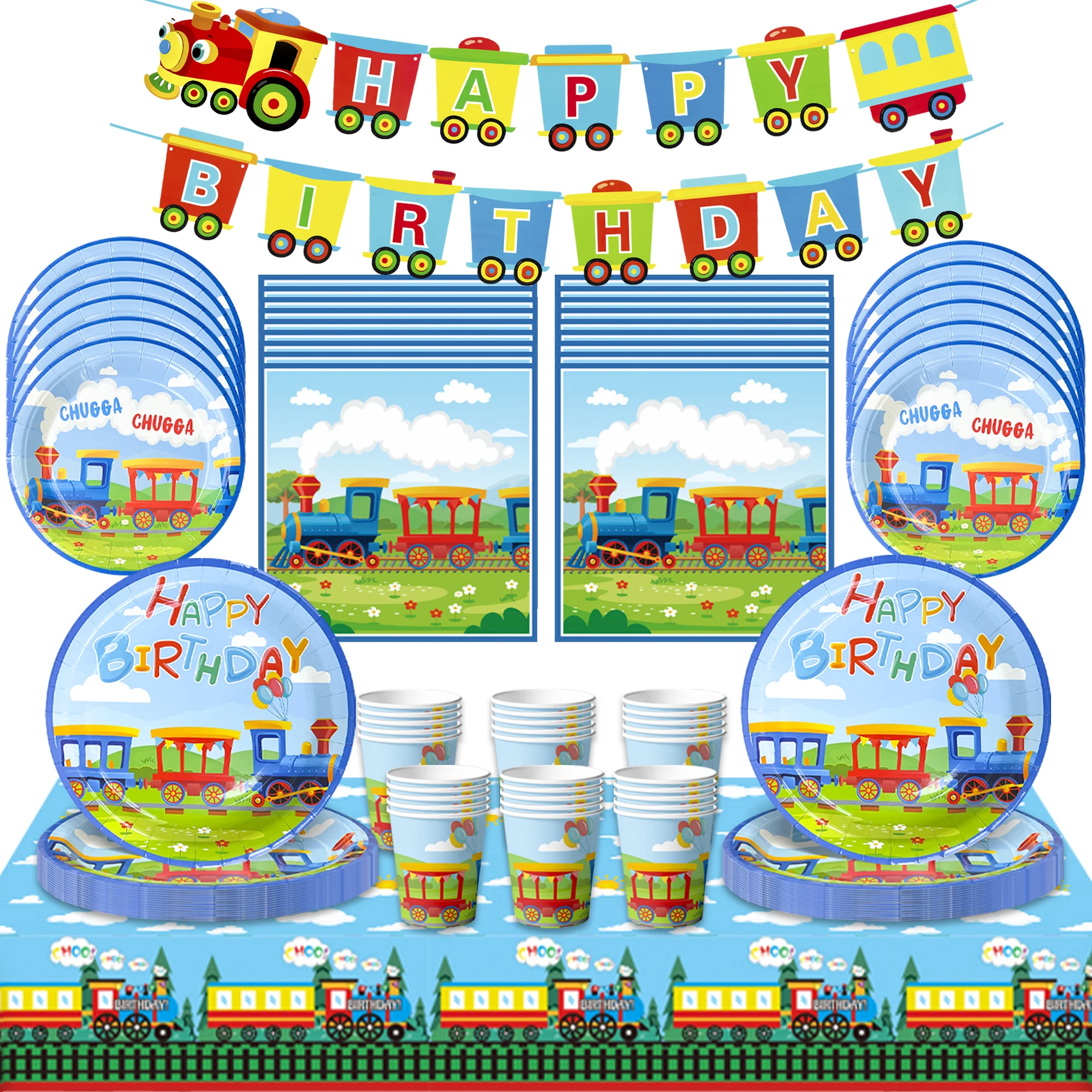 

Train Birthday Party Supplies,130pcs Train Decorations Tableware Set - Train Plates and Cups Napkins & Train Banner Tablecloth..