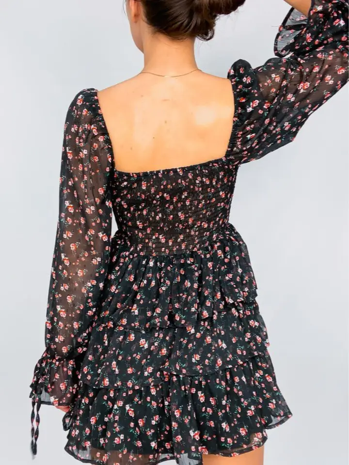 black arabesque floral puff sleeve mini dress Arabesque Wrap Mini Dress by FARM Rio