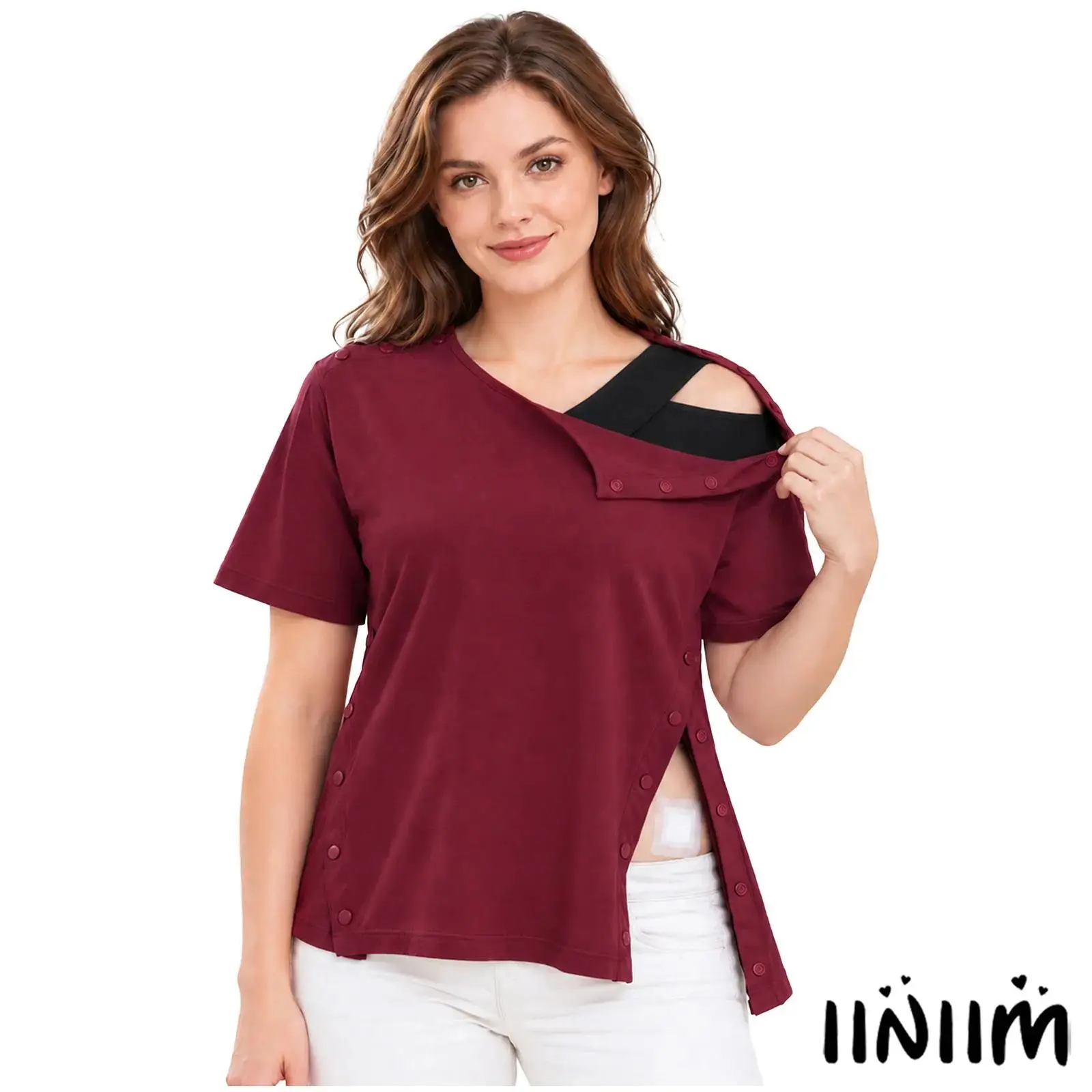 Women Adaptive Clothing Post Operative Recovery Short Sleeve Round Neck Snap Shoulder Shirt Soft Comfortable Nursing Home Top