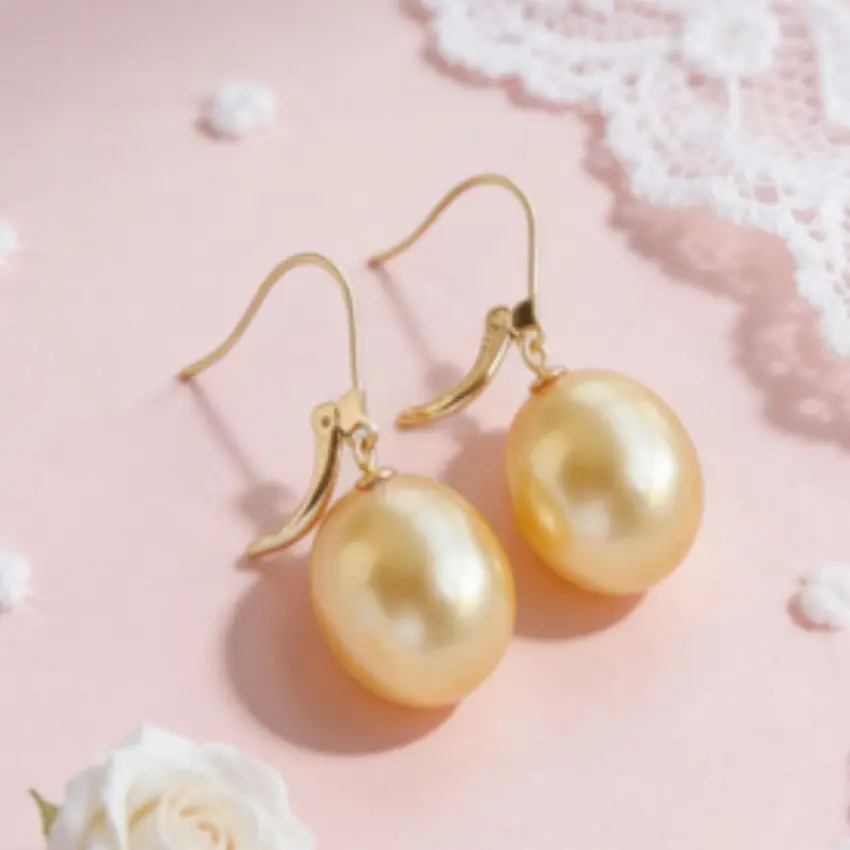 16mm natural south sea shell pearl earrings 14K gold  Flawless Aurora Dangler