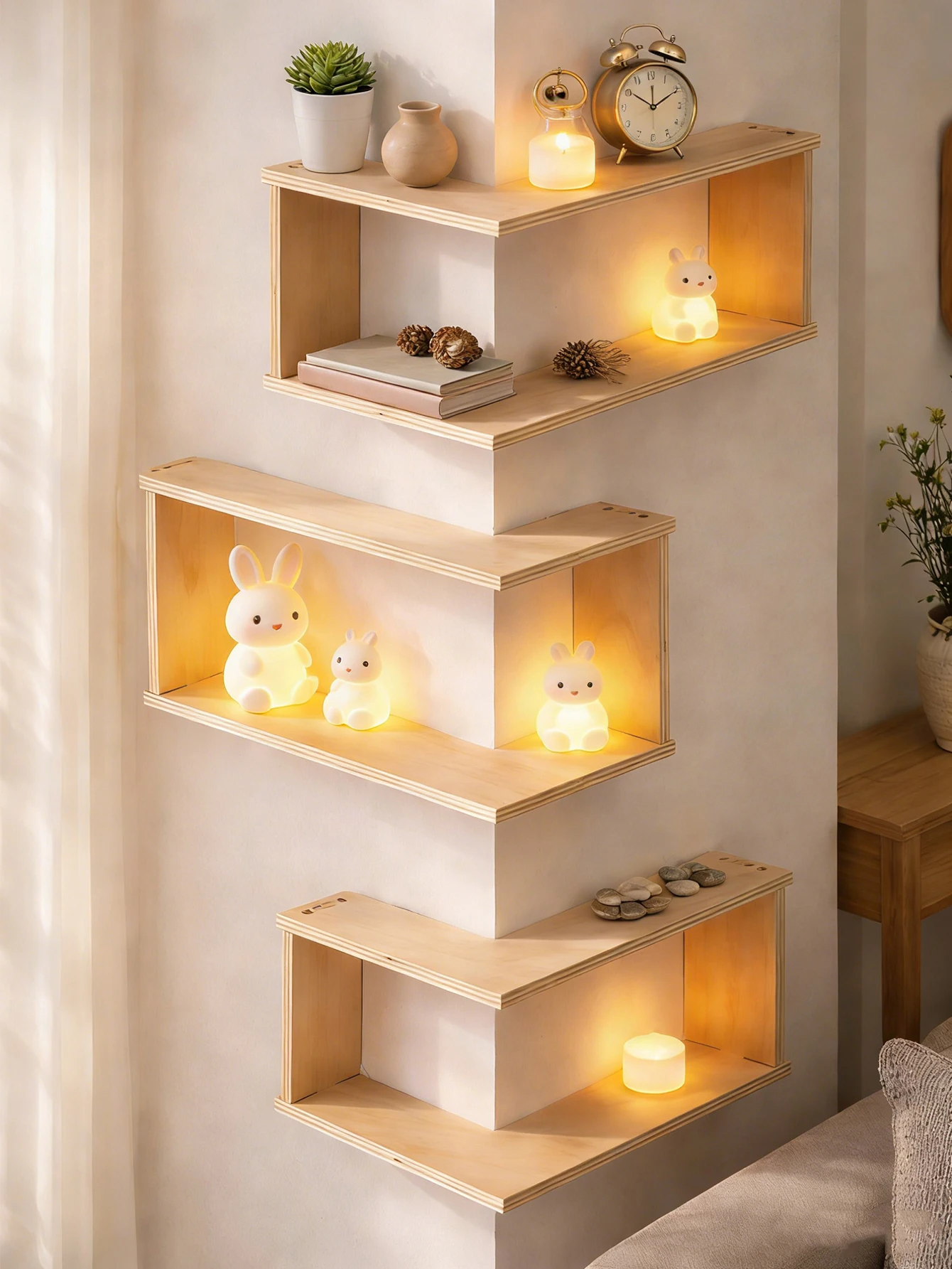 Corner Floating Wooden Shelves Wall Mounted Storage Rack for Living Room Bedroom Home Organizer for Plant & Ornament Art Display