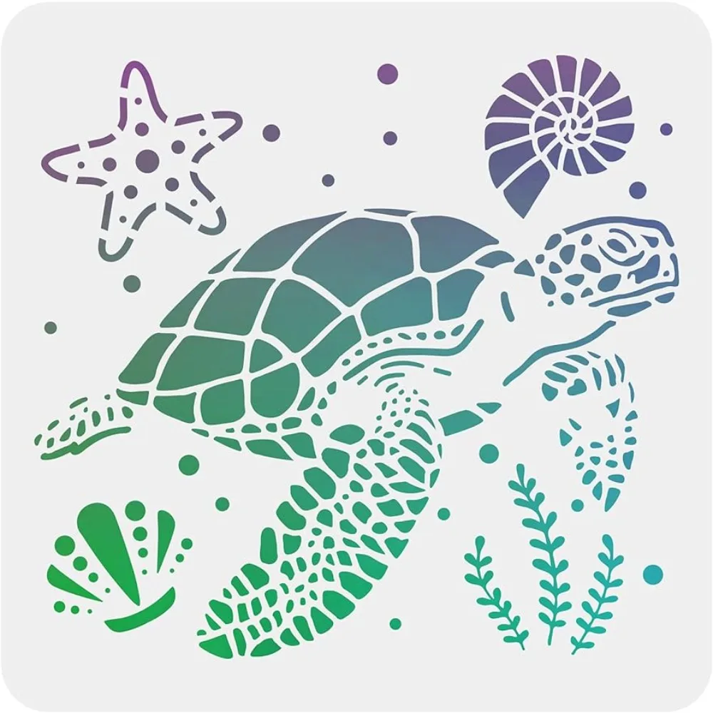 Tortoise Stencils 11.8x11.8 inch Sea Animal Templates Plastic Starfish Seaweed Conch Shell Pattern Painting Stencils Reusable