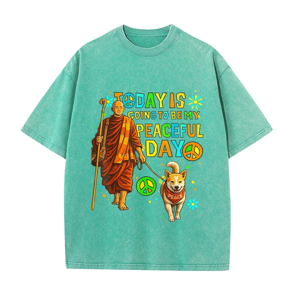 Today is My Peaceful Day Monks and Aloka The Peace Dog T-Shirt Футболки Men Haikyuu Small Size Cotton Tee Round Neck Animal