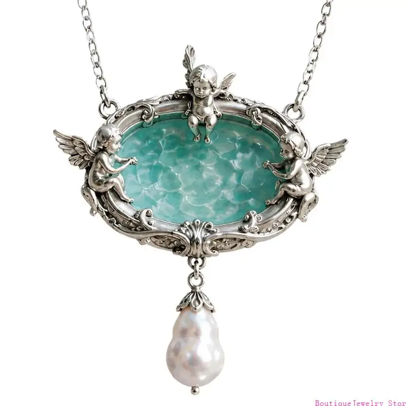 E1PE Ornate Wishing Fountain Necklace with Suspended Teardrop Accent
