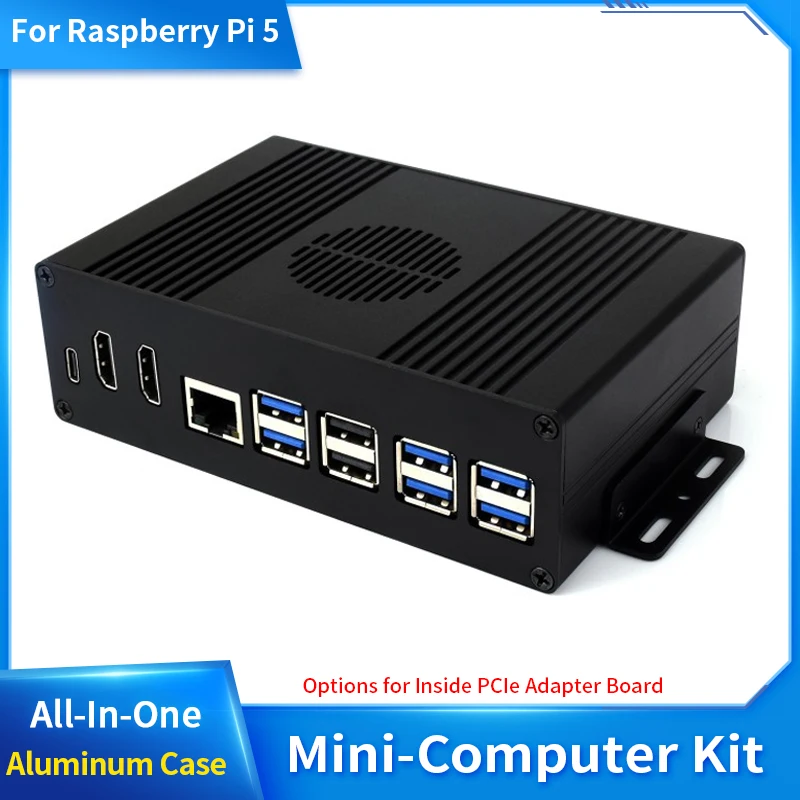 

All-In-One Mini-Computer Kit Designed for Raspberry Pi 5 PCIe Extending to Gigabit Ethernet / 4-Ch USB3.2 Gen1 / M.2 Interface