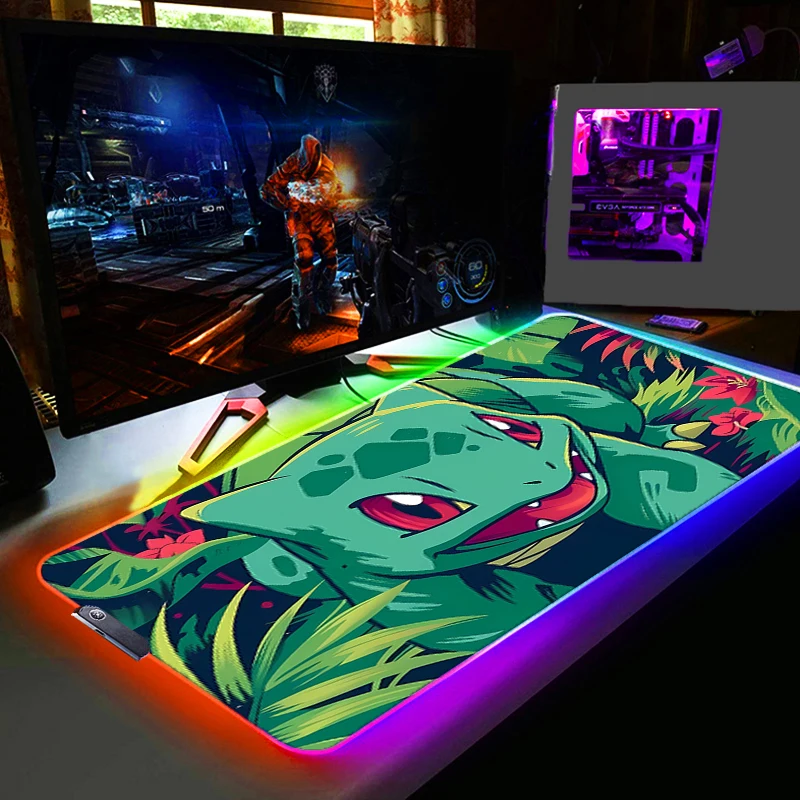 LED Mouse Pad Pokemon Pikachu Backlight Gamer Gaming Accessories Speed Keyboard Rubber Lock Edge RGB Desk Mat Laptop Mouse Pads