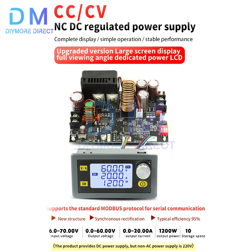 XY6020L CNC 가변 DC 안정화 전압 전원 공급 장치, 정전압 및 정전류 스텝 다운 모듈, 20A, 1200W