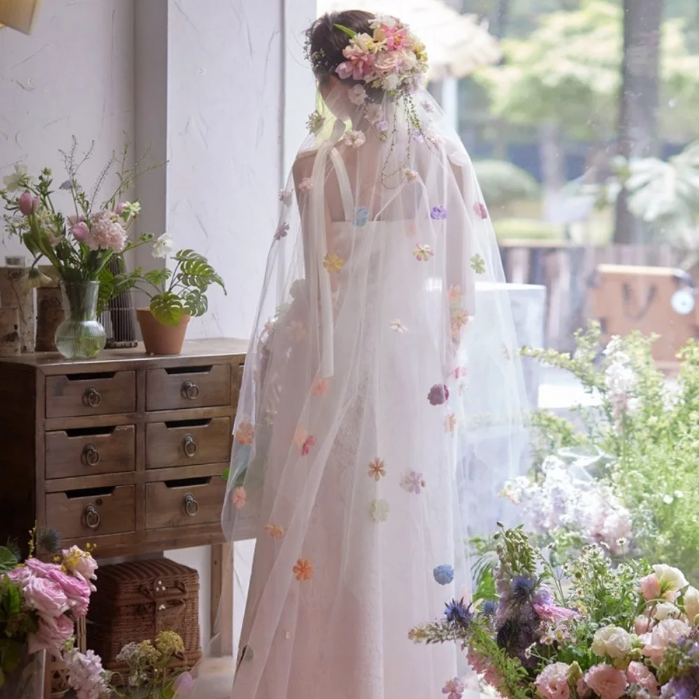 

Dopamine-Colored Flowers Cathedral Veil Soft Tulle with Cut Edge Bride Veils Wedding Accessories Marriage Party Bride to be